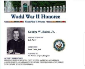 George W. Baird Jr. — WWII Honoree, U.S. Navy, Avon Lake Ohio